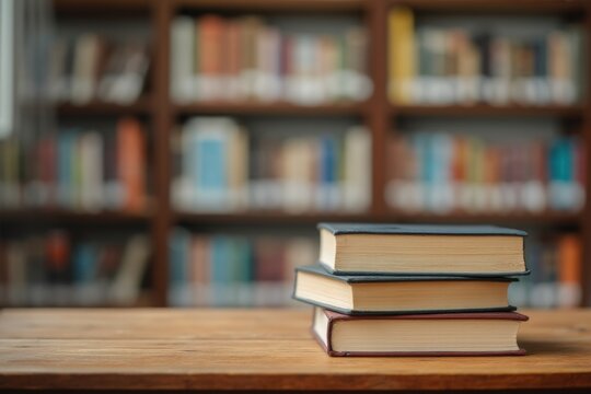 Book stack on wood desk and blurred bookshelf in the library room, education background, back to school concept