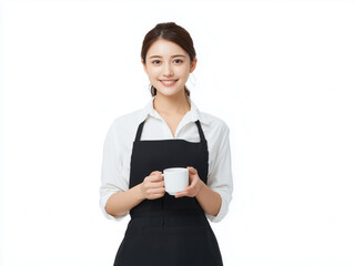 Smiling Female Barista Holding Coffee Mug in Professional Apron Against White Background