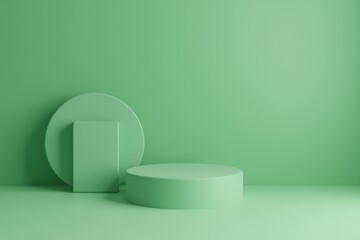 Abstract minimal scene with geometrical forms. Cylinder podiums on green background. Abstract background. Scene to show cosmetic podructs. Showcase, display case. 3d render.