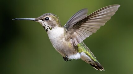 Fototapeta premium A close-up of a hummingbird hovering in mid-air, with iridescent feathers glistening, capturing the incredible detail of its wings in motion.