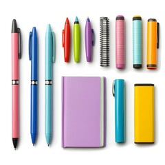 Overhead shot of colorful pens, highlighters, and a notebook arranged on a white surface background