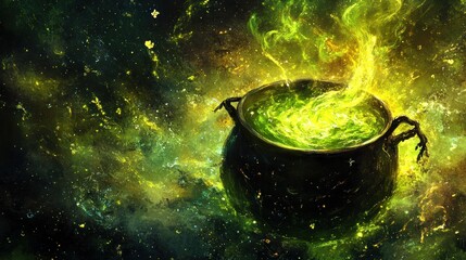 Magical cauldron bubbling with glowing green liquid