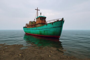 Naklejka premium Abandoned fishing boat coastal waters photography serene environment side view maritime concept