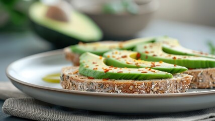 A colorful avocado toast with avocado slices, red pepper flakes, and olive oil.