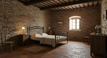 A rustic bedroom with exposed stone walls and a wooden ceiling