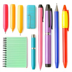 Overhead shot of colorful pens, markers, and a small notebook on a white background in a flat lay style