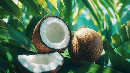Fresh coconuts sit amidst tropical leaves, offering a sense of organic island life and healthy eating with beautiful textures.