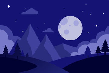 Crescent moon over blue mountains night landscape