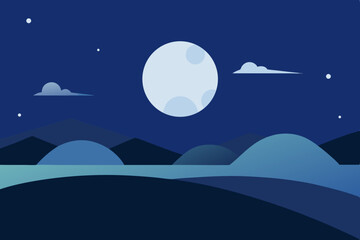 Crescent moon over blue mountains night landscape