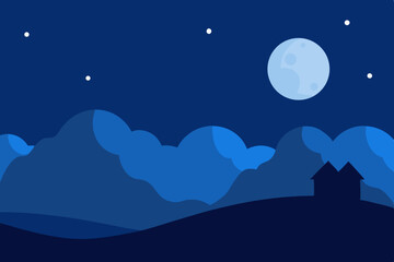 Crescent moon over blue mountains night landscape