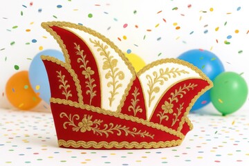 Karnevalsm&uuml;tze mit bunten Luftballons und Konfetti