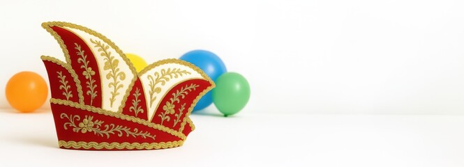 Rot-wei&szlig;e Karnevalsm&uuml;tze mit Luftballons vor wei&szlig;em Hintergrund