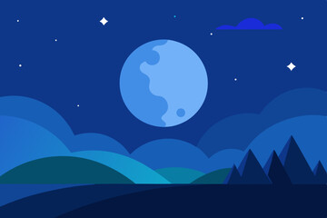 Fototapeta premium Crescent moon over blue mountains night landscape