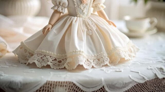 Elegant bisque doll in white gown on table with lace tablecloth and floral bouquet backdrop in soft lighting, ornate porcelain doll