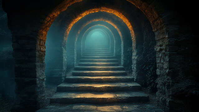 A captivating underground staircase leads to a mysterious, illuminated archway, creating an enchanting atmosphere of exploration.