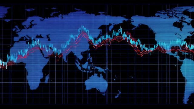 Financial Analysis Chart with Global World Map in Blue and Black Color Scheme with Fluctuating Red Line Graphs