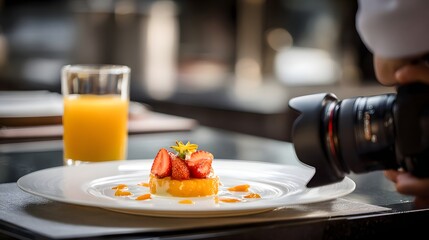 Gourmet dessert featuring strawberries on a plate, captured by a photographer in a restaurant setting