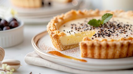 A vanilla bean custard tart with a flaky crust and caramel drizzle.
