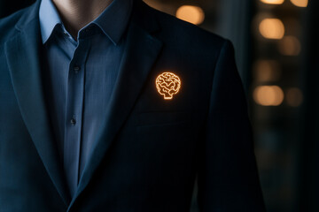The business innovation concept is a glowing brain-shaped pin on the executive suit. The neon-style pin symbolizes creative thinking, brainstorming, leadership and cutting-edge ideas in the corporate