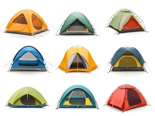 Assortment of dome tents in various colors arranged on a white background for camping and outdoor use
