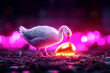 A serene white goose curiously examining a shining golden egg amidst vibrant, colorful lights.