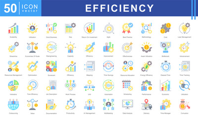 Icon set representing key concepts in Business Efficiency, resource utilization, time management, process improvement, and performance optimization.
