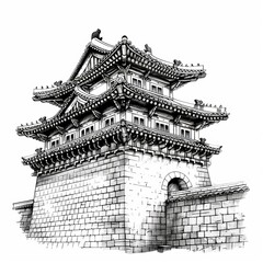Sketch illustration of a Korean royal palace. Asian style palace isolated on white background