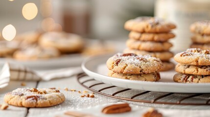 A close-up of a pecan sandie cookie with a sweet and nutty filling.