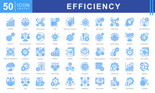 Icon set representing key concepts in Business Efficiency, resource utilization, time management, process improvement, and performance optimization.