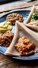 Injera bread presenting colorful ethiopian cuisine on rustic wooden table