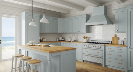A modern farmhouse kitchen with light blue cabinets and a wooden island