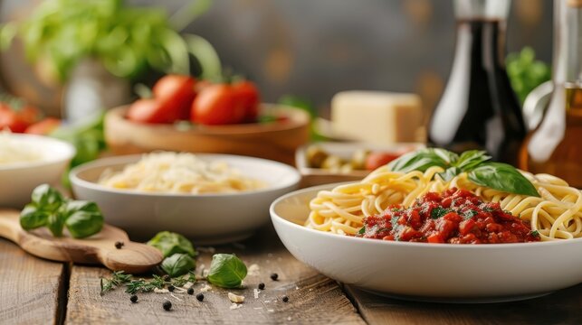 A colorful Italian feast spread showcasing various pasta dishes with marinara sauce.