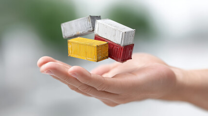 Miniature Shipping Containers Floating Above Open Hand Representing Logistics Concept