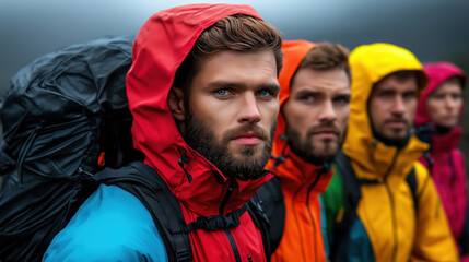 Group of hikers standing together with backpacks