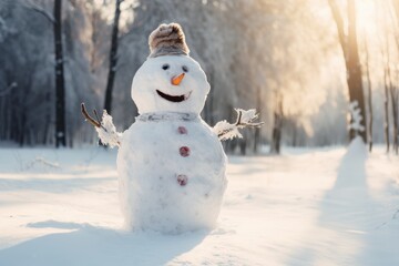 Fototapeta premium Snowman stands cheerfully in a winter forest at sunset