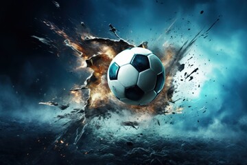 Fototapeta premium Soccer ball bursts through a dramatic explosion in a vibrant atmosphere at a nighttime field