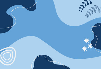 Beautiful abstract design featuring organic shapes in shades of blue and decorative leaf accents, creating a modern and minimalistic aesthetic suitable for various creative and decorative projects.