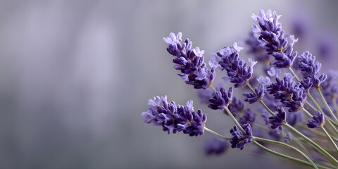 A detailed close-up showcases delicate purple lavender flowers with soft lighting and a blurred background, highlighting their intricate floral structure