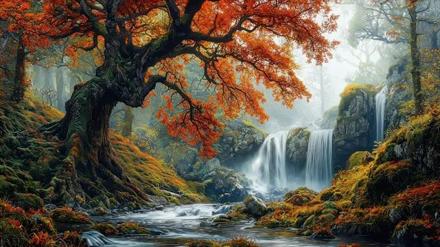 Autumnal forest waterfall scene. Majestic tree with vibrant fall foliage, cascading waterfall, and misty mountain stream. Lush greenery and rocky terrain
