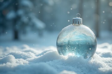 Transparent glass Christmas ball in snow