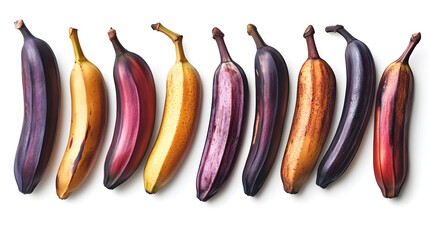 A row of colorful bananas in varying shades of purple yellow and red against a white background surface