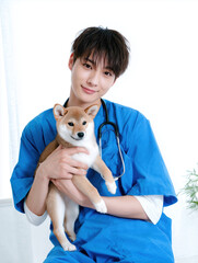 Young Veterinarian Holding Shiba Inu Puppy in Clinic Uniform with Stethoscope — Animal Care and Veterinary Concept