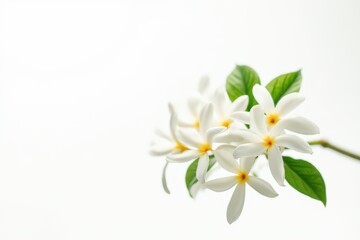 Beautiful jasmine flowers with leaves in air on white background