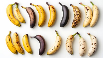 Overhead view of an assortment of bananas in varying stages of ripeness on a white background
