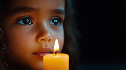 Child looking at candle flame with curiosity