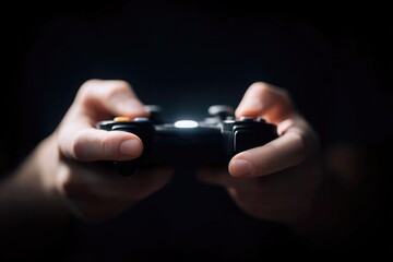 close-up of gamer hands gripping controller with dimly lit background enhancing focus on fingers and highlights