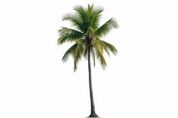 This image depicts a tall coconut palm tree with a slender, textured trunk and a large crown of feathery green fronds.Tropical Coconut palm tree isolated on white background with clipping path.
