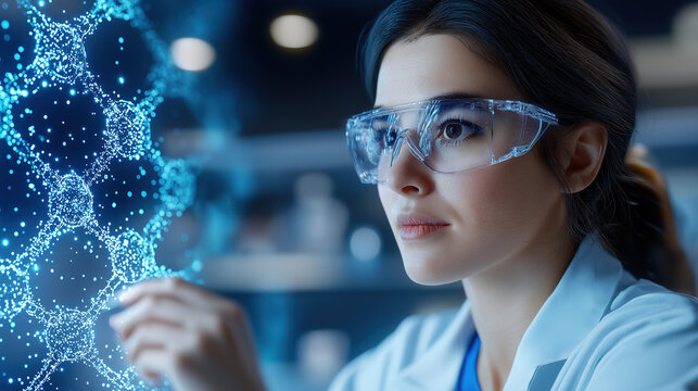 Female scientist analyzing digital DNA structure