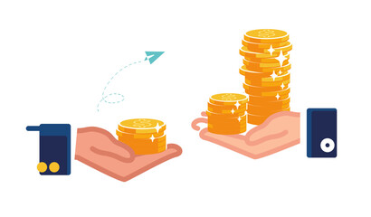 Money, business. Businessmen hands hold growing stacks of gold dollar cents. Coins in the hands banker. Get a high-paying job. Gold coins on the hands in the palm. Change of work. Vector illustration