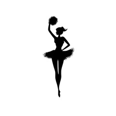 Obraz premium Silhouette of Cheerleader with Pom-Poms in Motion, Energetic cheerleader silhouette holding pom-poms, mid-jump with flowing hair and skirt, symbolizing spirit, performance, and team enthusiasm.
